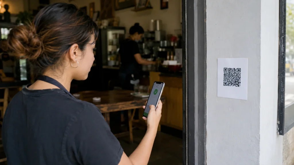 Сотрудник отмечает рабочее время через QR-код