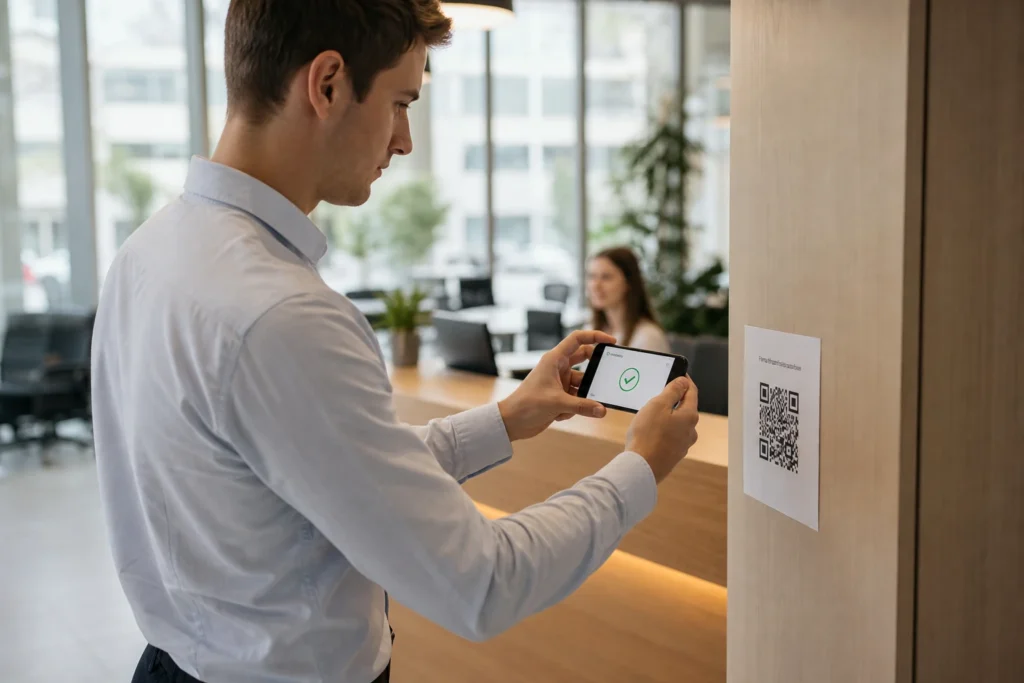 Сотрудник отмечается через QR-код на входе в офис с помощью Чекалка